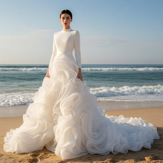 Elegant White Mermaid Ruffle Wedding Dress with Long Sleeves - Rosymae