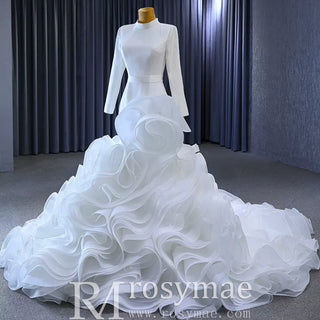 Elegant White Mermaid Ruffle Wedding Dress with Long Sleeves - Rosymae