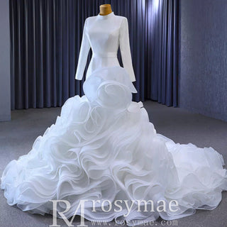 Elegant White Mermaid Ruffle Wedding Dress with Long Sleeves - Rosymae
