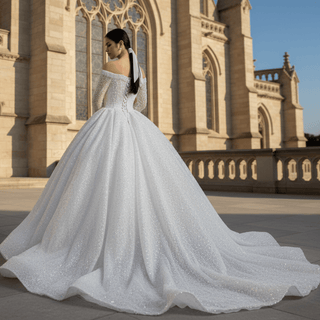 Elegant White Sequins Long Sleeves Ball Gown Bride Wedding Dress - Rosymae