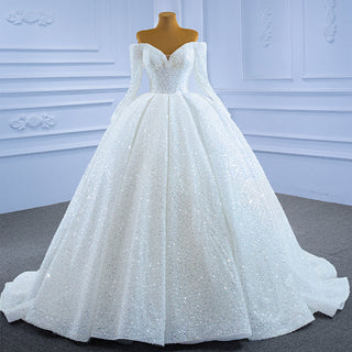 Elegant White Sequins Long Sleeves Ball Gown Bride Wedding Dress - Rosymae