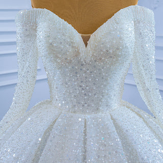 Elegant White Sequins Long Sleeves Ball Gown Bride Wedding Dress - Rosymae