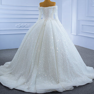 Elegant White Sequins Long Sleeves Ball Gown Bride Wedding Dress - Rosymae