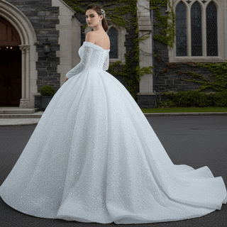 Elegant White Sequins Long Sleeves Ball Gown Bride Wedding Dress - Rosymae