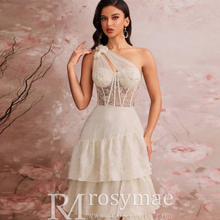 Elegant Women One Shoulder Black Column Prom Dress with Leg Slit - Rosymae