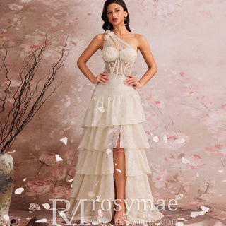 Elegant Women One Shoulder Black Column Prom Dress with Leg Slit - Rosymae