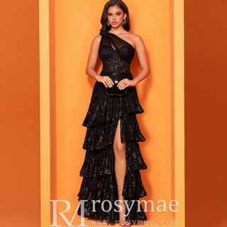 Elegant Women One Shoulder Black Column Prom Dress with Leg Slit - Rosymae