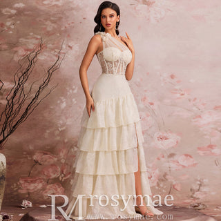 Elegant Women One Shoulder Black Column Prom Dress with Leg Slit - Rosymae