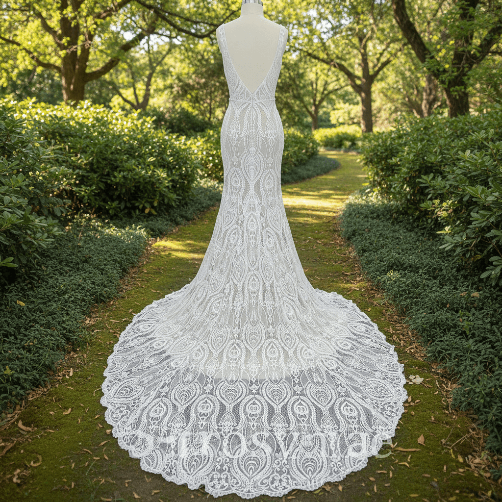 Elegant Women's Floral Lace Wedding Mermaid Dress with Vneck - Rosymae