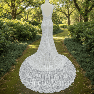 Elegant Women's Floral Lace Wedding Mermaid Dress with Vneck - Rosymae