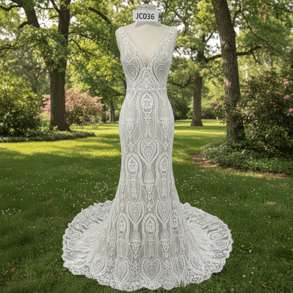 Elegant Women's Floral Lace Wedding Mermaid Dress with Vneck - Rosymae