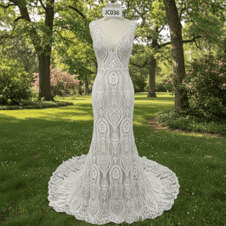 Elegant Women's Floral Lace Wedding Mermaid Dress with Vneck - Rosymae
