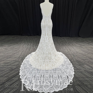 Elegant Women's Floral Lace Wedding Mermaid Dress with Vneck - Rosymae