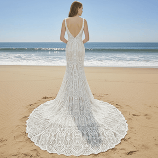 Elegant Women's Floral Lace Wedding Mermaid Dress with Vneck - Rosymae