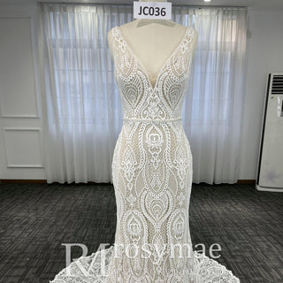 Elegant Women's Floral Lace Wedding Mermaid Dress with Vneck - Rosymae