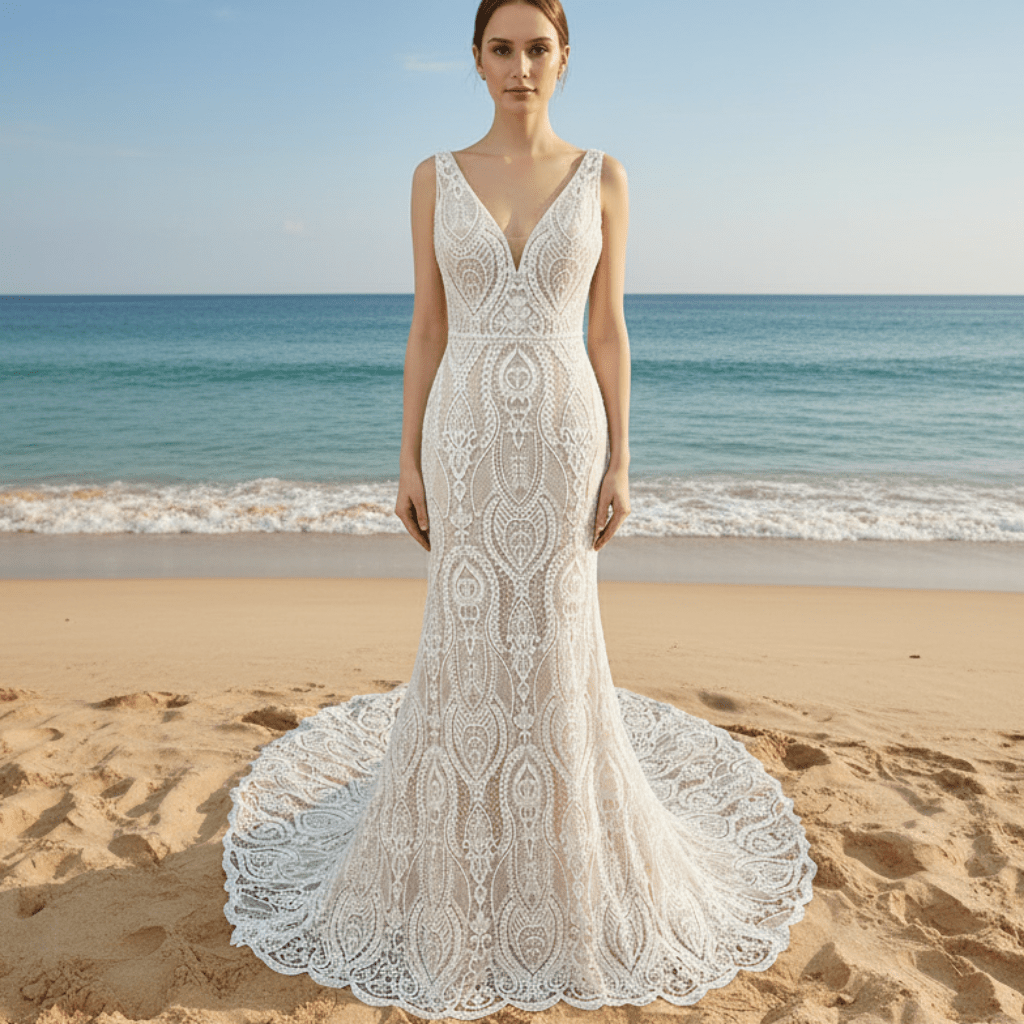 Elegant Women's Floral Lace Wedding Mermaid Dress with Vneck - Rosymae