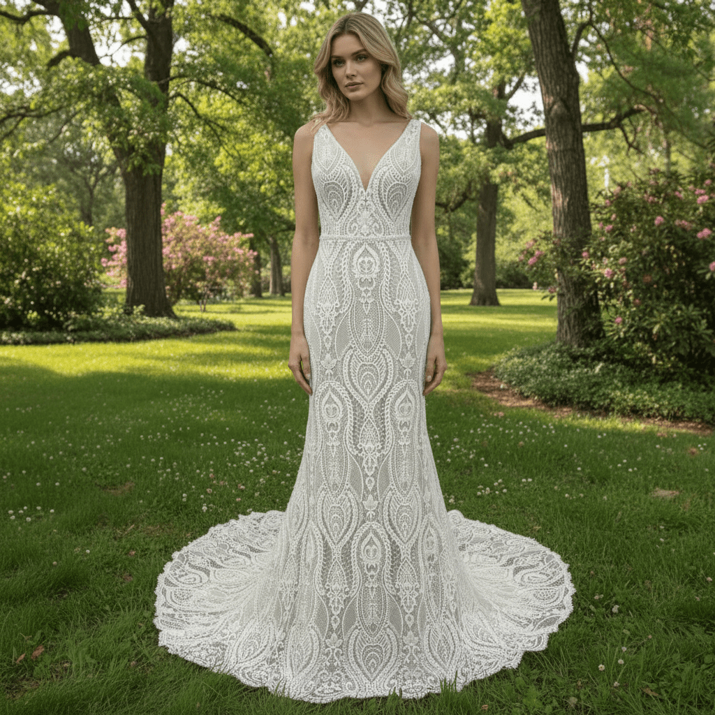 Elegant Women's Floral Lace Wedding Mermaid Dress with Vneck - Rosymae