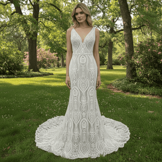 Elegant Women's Floral Lace Wedding Mermaid Dress with Vneck - Rosymae