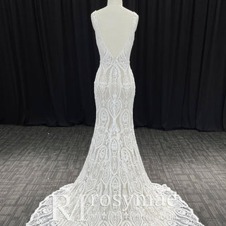 Elegant Women's Floral Lace Wedding Mermaid Dress with Vneck - Rosymae