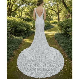 Elegant Women's Floral Lace Wedding Mermaid Dress with Vneck - Rosymae