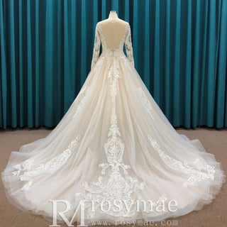 Embroidered Lace Applique Ball Gown Long Sleeve Wedding Dress - Rosymae
