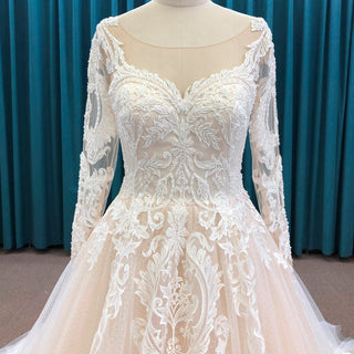 Embroidered Lace Applique Ball Gown Long Sleeve Wedding Dress - Rosymae
