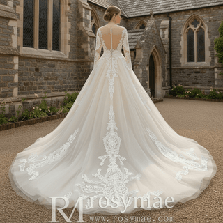 Embroidered Lace Applique Ball Gown Long Sleeve Wedding Dress - Rosymae
