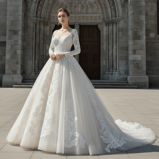 Embroidered Lace Applique Ball Gown Long Sleeve Wedding Dress - Rosymae