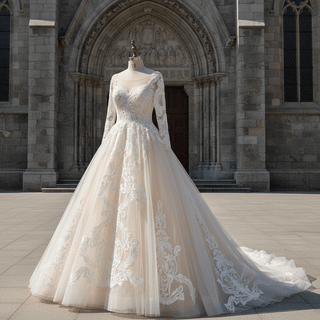 Embroidered Lace Applique Ball Gown Long Sleeve Wedding Dress - Rosymae