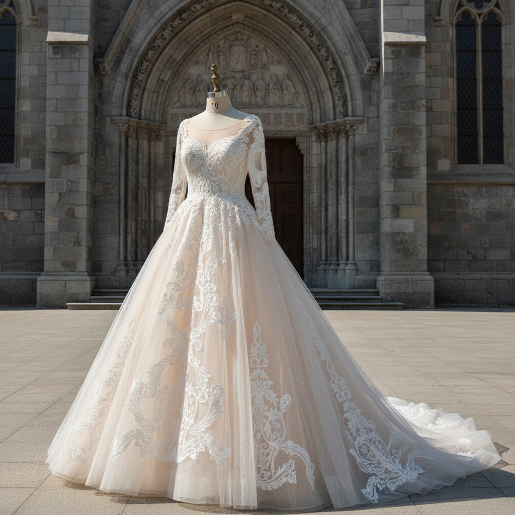 Embroidered Lace Applique Ball Gown Long Sleeve Wedding Dress Rosymae Embroidered Lace Applique Ball Gown Long Sleeve Wedding Dress Rosymae