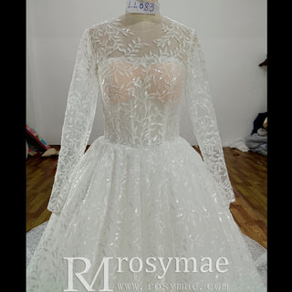 Embroidery Flower Lace Overlay Ball Gown Wedding Dress Long Sleeve - Rosymae