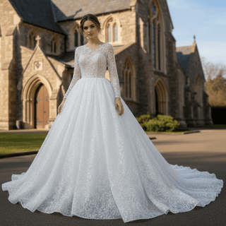 Embroidery Flower Lace Overlay Ball Gown Wedding Dress Long Sleeve - Rosymae