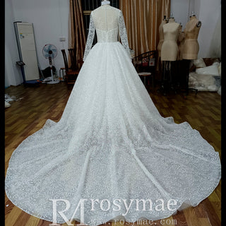 Embroidery Flower Lace Overlay Ball Gown Wedding Dress Long Sleeve - Rosymae