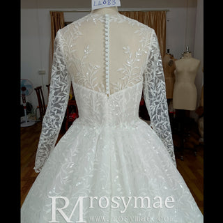 Embroidery Flower Lace Overlay Ball Gown Wedding Dress Long Sleeve - Rosymae