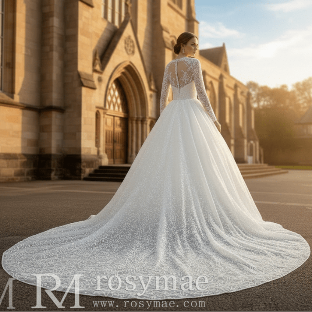 Embroidery Flower Lace Overlay Ball Gown Wedding Dress Long Sleeve - Rosymae
