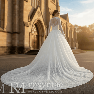 Embroidery Flower Lace Overlay Ball Gown Wedding Dress Long Sleeve - Rosymae