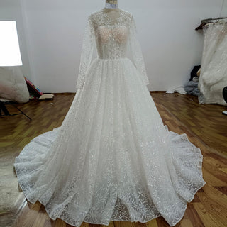 Embroidery Flower Lace Overlay Ball Gown Wedding Dress Long Sleeve - Rosymae
