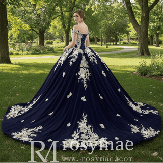 Embroidery Lace Appliqued Ball Gown Quinceanera Dress with Off The Shoulder - Rosymae
