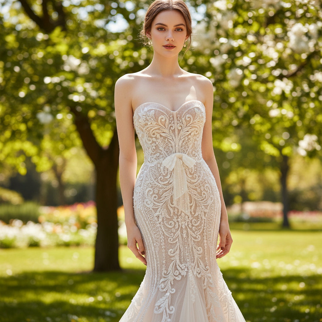Strapless Embroidery Lace Mermaid Sweetheart Wedding Dress Light Champagne / 4 Strapless Embroidery Lace Mermaid Sweetheart Wedding Dress Light Champagne / 4