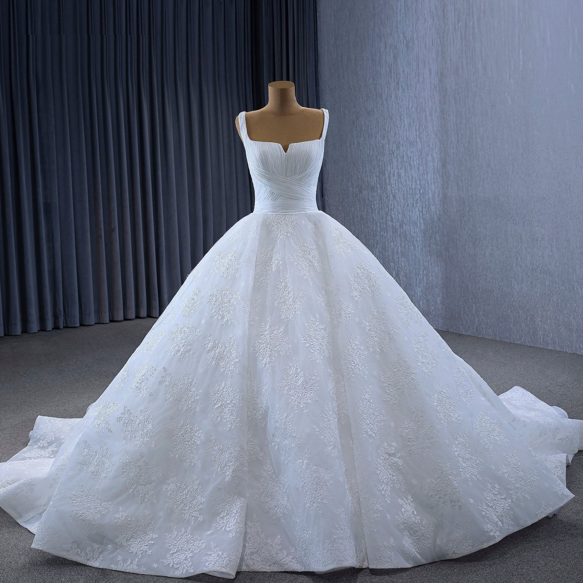 Embroidery Lace Square Neck Ball Gown Wedding Dress with Wide Strap - Rosymae