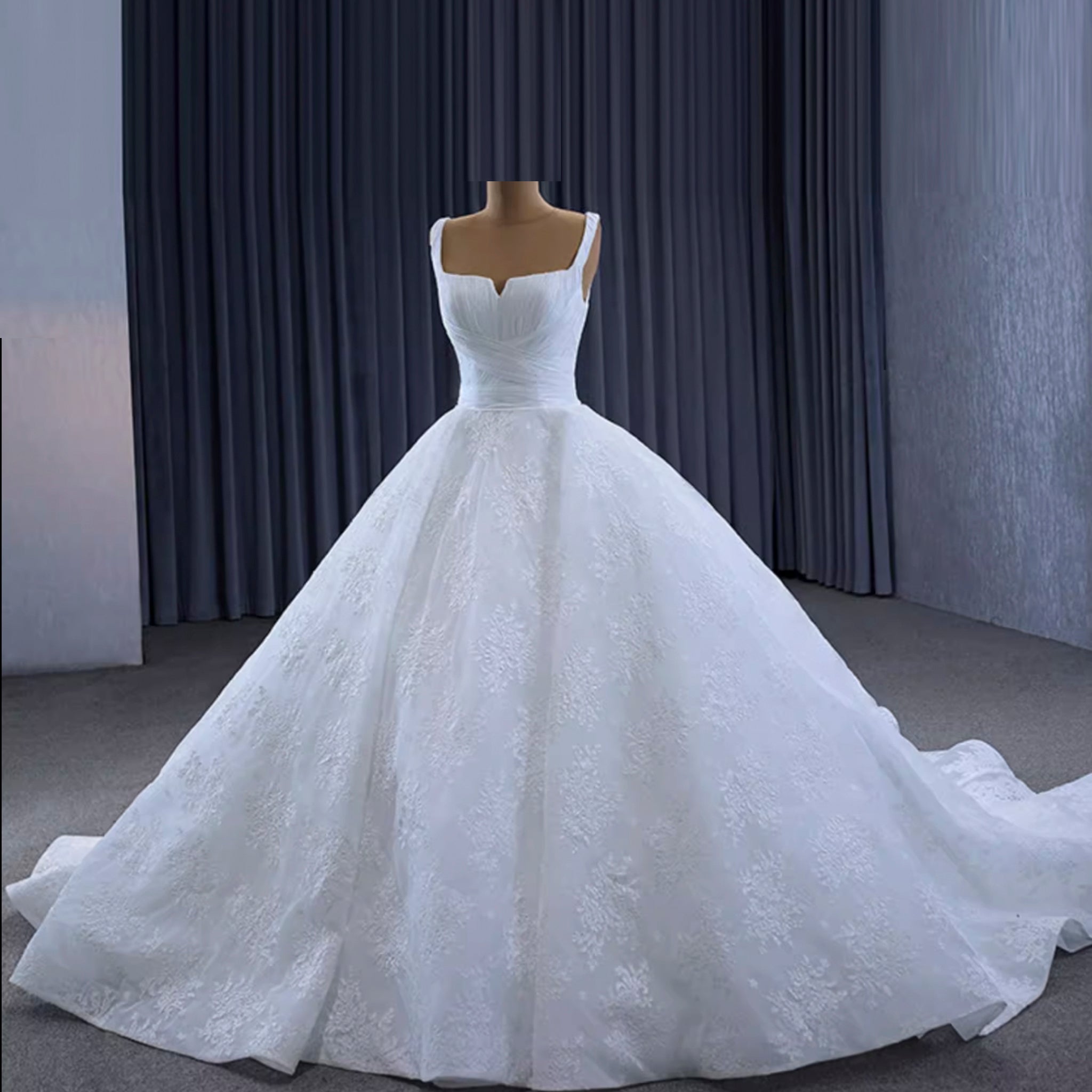 Embroidery Lace Square Neck Ball Gown Wedding Dress with Wide Strap - Rosymae