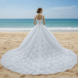 Embroidery Lace Square Neck Ball Gown Wedding Dress with Wide Strap - Rosymae