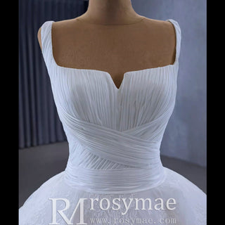 Embroidery Lace Square Neck Ball Gown Wedding Dress with Wide Strap - Rosymae
