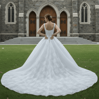 Embroidery Lace Square Neck Ball Gown Wedding Dress with Wide Strap - Rosymae