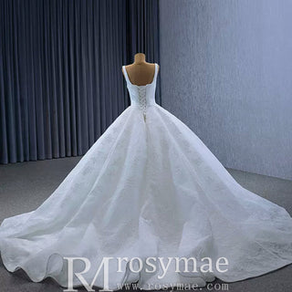 Embroidery Lace Square Neck Ball Gown Wedding Dress with Wide Strap - Rosymae