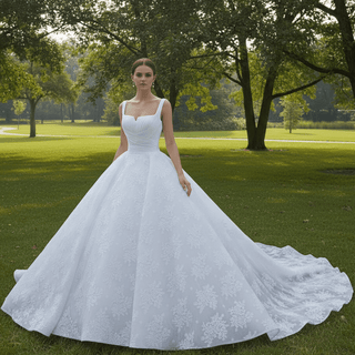 Embroidery Lace Square Neck Ball Gown Wedding Dress with Wide Strap - Rosymae