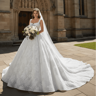 Embroidery Lace Square Neck Ball Gown Wedding Dress with Wide Strap - Rosymae