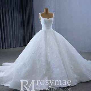 Embroidery Lace Square Neck Ball Gown Wedding Dress with Wide Strap - Rosymae