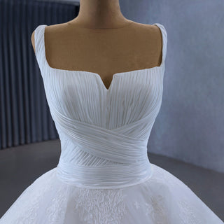 Embroidery Lace Square Neck Ball Gown Wedding Dress with Wide Strap - Rosymae
