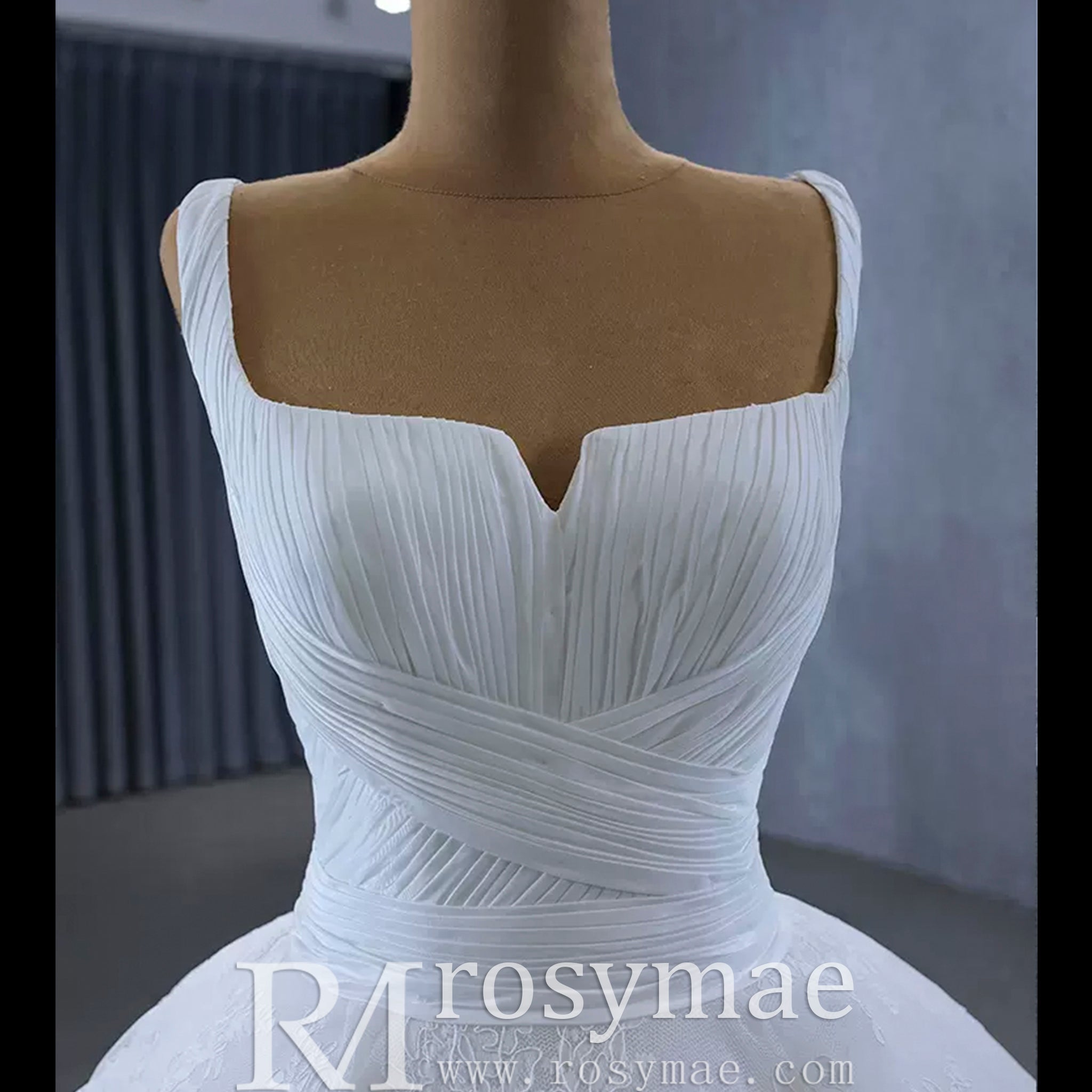 Embroidery Lace Square Neck Ball Gown Wedding Dress with Wide Strap - Rosymae